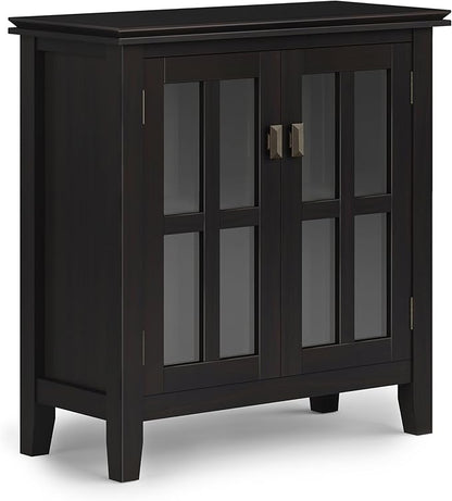 SIMPLIHOME Artisan Storage Cabinet - 30 inch Wide Solid Wood Low Storage Cabinet in Hickory Brown, Contemporary Accent Cabinet for Living Room or Dining Room with Glass Doors and Adjustable Shelves