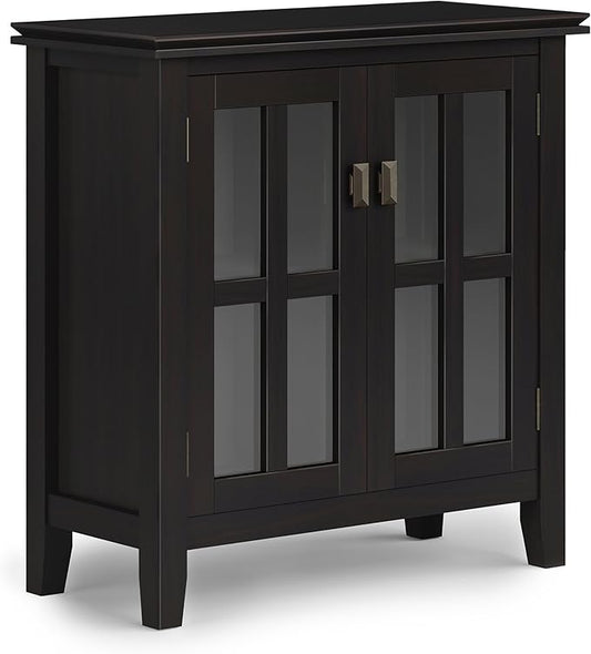 SIMPLIHOME Artisan Storage Cabinet - 30 inch Wide Solid Wood Low Storage Cabinet in Hickory Brown, Contemporary Accent Cabinet for Living Room or Dining Room with Glass Doors and Adjustable Shelves