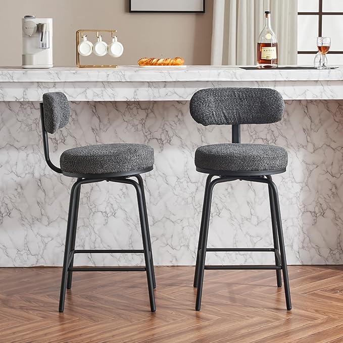 Modern Swivel Stools Set of 2, Upholstered Counter Height Chairs with Metal Legs & Footrest, 360 Swivel Barstools for Kitchen Island, Dining Room, Grey