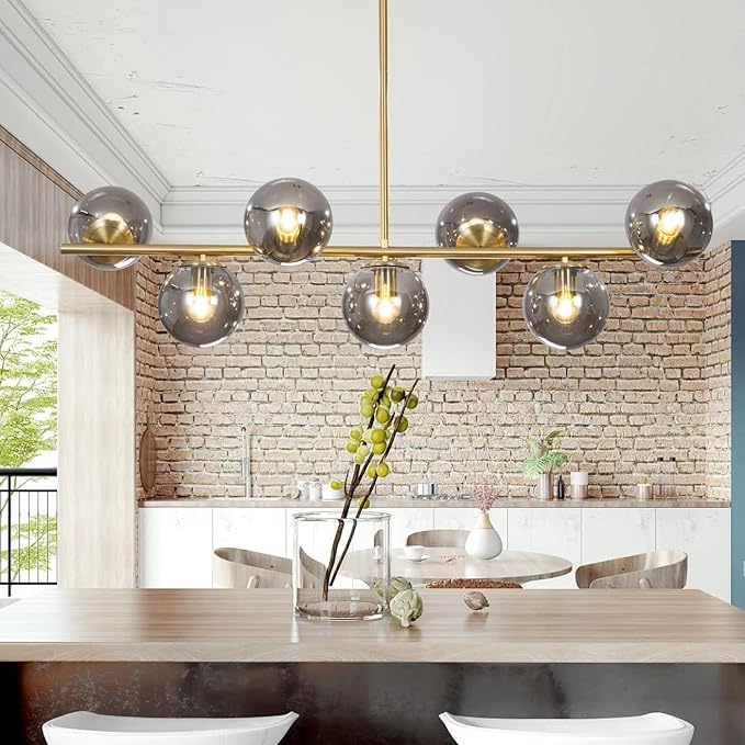KCO Lighting Mid Century Modern Globe Sputnik Chandelier Gold Brass Linear Pendant Hanging Light Fixture 7-Light Smoke Glass Sphere Chandelier Kitchen Island Dining Room Chandelier