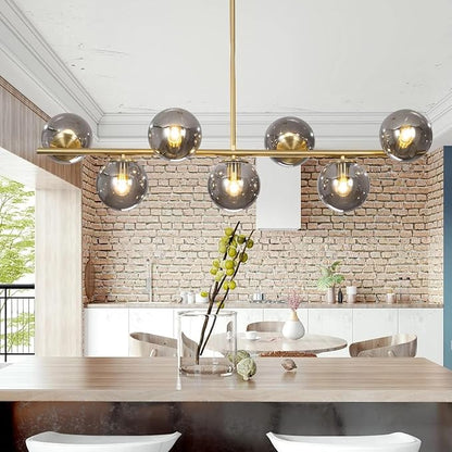KCO Lighting Mid Century Modern Globe Sputnik Chandelier Gold Brass Linear Pendant Hanging Light Fixture 7-Light Smoke Glass Sphere Chandelier Kitchen Island Dining Room Chandelier