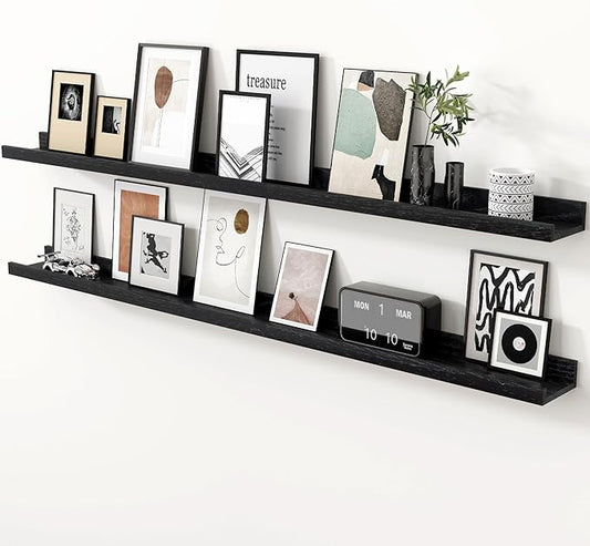 Axeman Oak Picture Ledge Shelf, 55 Inch Floating Shelves Set of 2, Solid Oak Wood Wall Shelves with Lip, Wall Decor Storage for Bedroom Living Room Bathroom Kitchen Nursery Photo Picture, Black