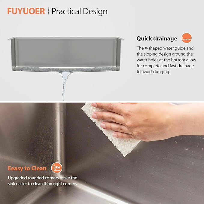 33 Undermount Sink Stainless Steel- Fuyuoer 33 Inch Workstation Kitchen Sink 16 Gauge Stainless Steel Single Bowl Round Corner Handmade Deep Basin Kitchen Sinks, 33x19x10 Inch