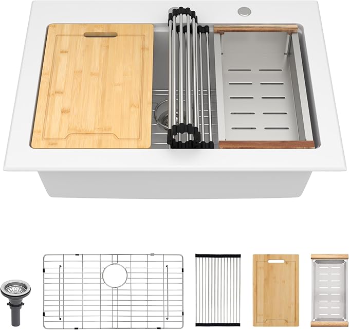 Lordear 30 Granite Composite Kitchen Sink Drop In Workstation 30X22 Inch Quartz White Kitchen Sink Single Bowl Kitchen Sinks with Accessories