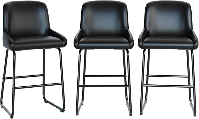 IDEALHOUSE Counter Height Bar Stools Set of 3, PU Leather Barstools with Back and Footrest, Modern Industrial Metal Frame Armless Bar Chairs for Kitchen Island, Counter, Black