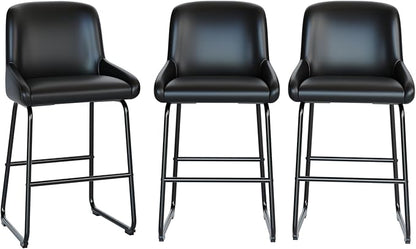 IDEALHOUSE Counter Height Bar Stools Set of 3, PU Leather Barstools with Back and Footrest, Modern Industrial Metal Frame Armless Bar Chairs for Kitchen Island, Counter, Black