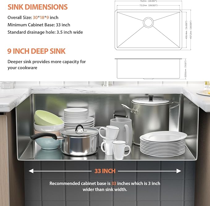 30 Inch Undermount Kitchen Sink 18 Gauge Stainless Steel Under Counter Sink Single Bowl Deep Handmade Single Bowl Kitchen Sink,30"x18"x9"