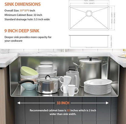 30 Inch Undermount Kitchen Sink 18 Gauge Stainless Steel Under Counter Sink Single Bowl Deep Handmade Single Bowl Kitchen Sink,30"x18"x9"