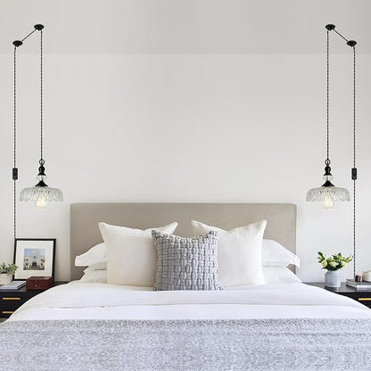 CVKASH Plug in Glass Pendant Light Fixture Black Vintage Adjustable Chandelier Hanging Ceiling Light for Farmhouse Hallway Bedroom Foyer Kitcken Dining Room Island.