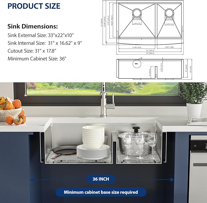 33 Farmhouse Sink Double Bowl - Lordear 33x22 Stainless Steel Kitchen Sinks Apron Front Double Basin 60/40 Low Divide Workstation Farm Sinks with Buit in Accessories, 9" Apron Height