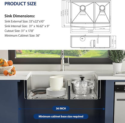 33 Farmhouse Sink Double Bowl - Lordear 33x22 Stainless Steel Kitchen Sinks Apron Front Double Basin 60/40 Low Divide Workstation Farm Sinks with Buit in Accessories, 9" Apron Height