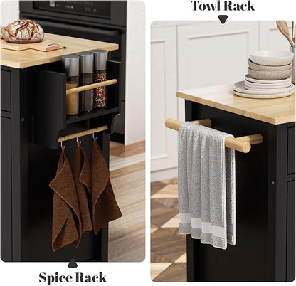 Rovibek Rolling Kitchen Island on Wheels Large Portable Mobile Moveable Islands Wood with Storage Drawers Cabinet Spice Rack Towel Rack for Kitchen Dining Room Jet Black