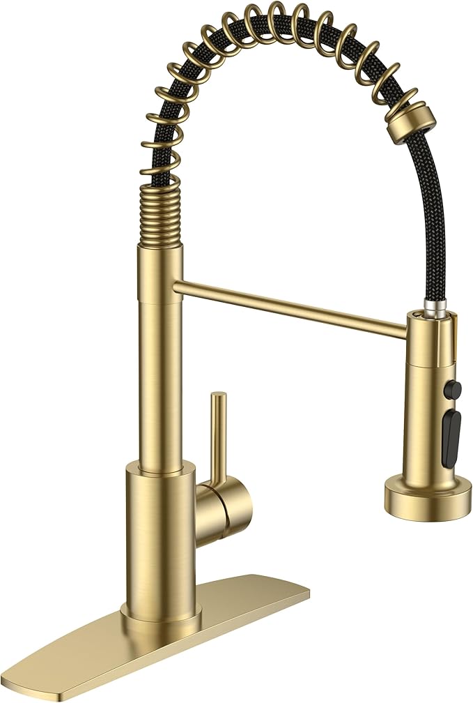 FORIOUS Kitchen Faucets with Sprayer, Gold Stainless Steel Sink Faucet Single Handle with Deck Plate, Commercial Classic Spring Faucet for Kitchen Sink, Bar & Prep Sinks, Laundry RV Camper