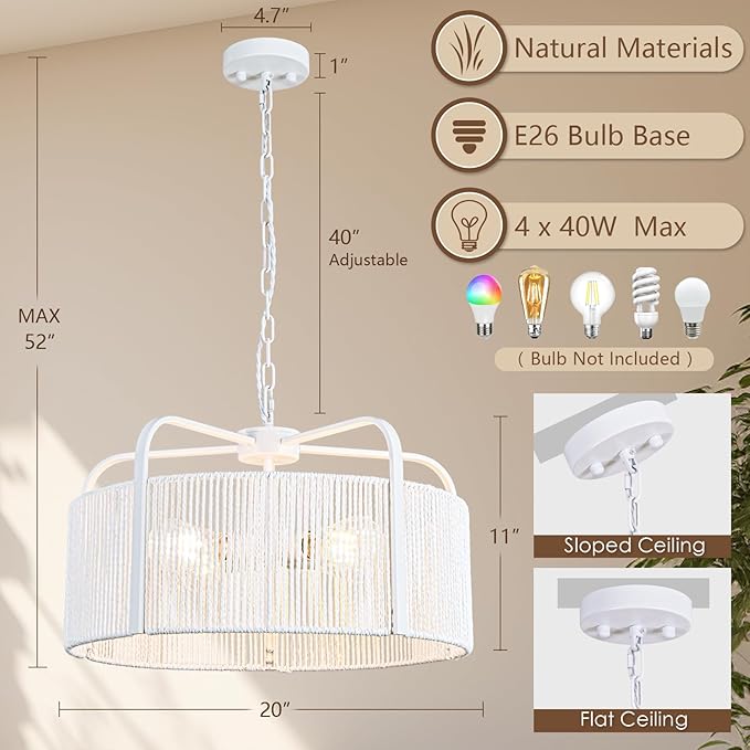20” Rattan Chandelier, 5-Light Large Hand Woven Boho Chandelier with Fabric Shade, Farmhouse Light Fixtures for Dining Room & Kitchen Island (White, 20")