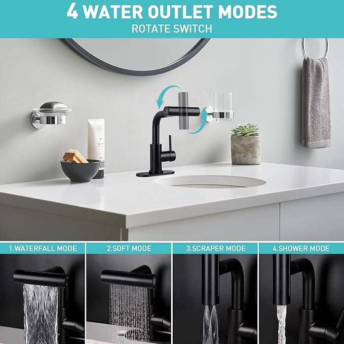 Bathroom Sink Faucet with 4 Mode Pull Down Sprayer, Matte Black Single Handle Pull Out Faucet with Pop-Up Drain, 1 or 3 Hole Laundry Bar Basin Faucet with Deck Plate