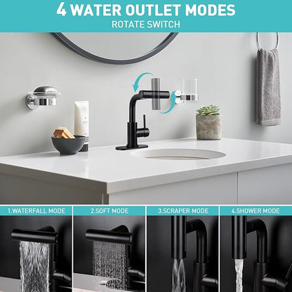 Bathroom Sink Faucet with 4 Mode Pull Down Sprayer, Matte Black Single Handle Pull Out Faucet with Pop-Up Drain, 1 or 3 Hole Laundry Bar Basin Faucet with Deck Plate