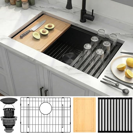 Black Undermount Kitchen Sink,16 Guage 304S Stainless Steel Workstation Sinks with Full Set Accessories, 30" x 18" x 10" Large and Deep Single Bowl Kitchen Sink