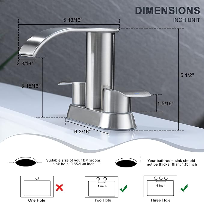Ultimate Unicorn Waterfall Bathroom Sink Faucet Brushed Nickel, Two Handles Bathroom Faucet with Metal Pop up Sink Drain Stopper, Two Or 3 Holes Bathroom Basin Mixer Tap with Deck Mount Plate