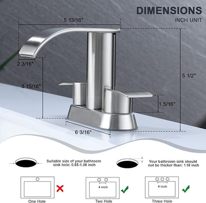 Ultimate Unicorn Waterfall Bathroom Sink Faucet Brushed Nickel, Two Handles Bathroom Faucet with Metal Pop up Sink Drain Stopper, Two Or 3 Holes Bathroom Basin Mixer Tap with Deck Mount Plate