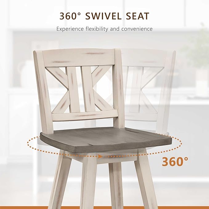 Lexicon Bar Height Bar Stools Set of 2-Solid Wood Frame 360° Swivel Wooden Stools, Foot Rest, KK Back, Wide Seat, Distressed Farmhouse Easy to Clean Finish, 28.5" SH, Antique White/Grey