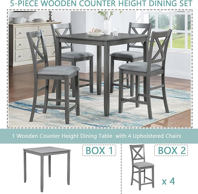 5 Piece Counter Height Dining Table Set for 4, Solid Wood Square Kitchen Table and 4 Upholstered Chairs, Modern Dining Room Table and Chairs Set for Kitchen and Dining Room, Gray