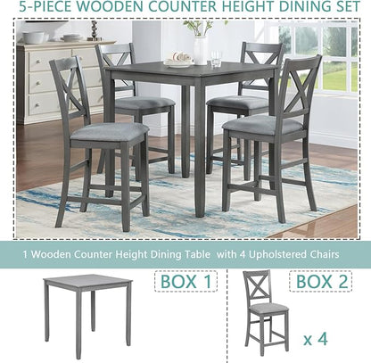 5 Piece Counter Height Dining Table Set for 4, Solid Wood Square Kitchen Table and 4 Upholstered Chairs, Modern Dining Room Table and Chairs Set for Kitchen and Dining Room, Gray