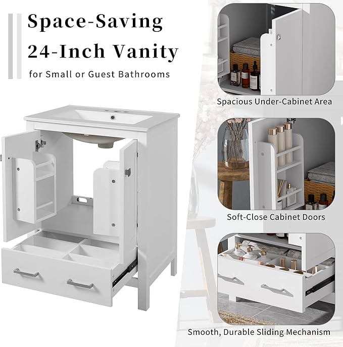 Favfurish 24" Modern Bathroom Vanity with Ceramic Sink, Freestanding Storage Cabinet w/2 Soft-Close Doors & 1 Drawer, Double-Layer Door Shelf, Solid Wood Frame for Small Bathrooms, Easy Assembly,White