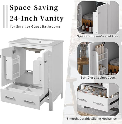 Favfurish 24" Modern Bathroom Vanity with Ceramic Sink, Freestanding Storage Cabinet w/2 Soft-Close Doors & 1 Drawer, Double-Layer Door Shelf, Solid Wood Frame for Small Bathrooms, Easy Assembly,White