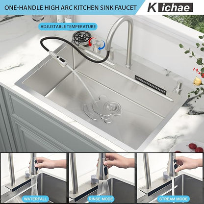 Kichae Drop In Kitchen Sink Waterfall - 33x22 Workstation Kitchen Sink Waterfall Stainless Steel 16 Gauge Luxury Handmade Single Bowl Drop Sinks with Faucet Combo & Glass Rinser
