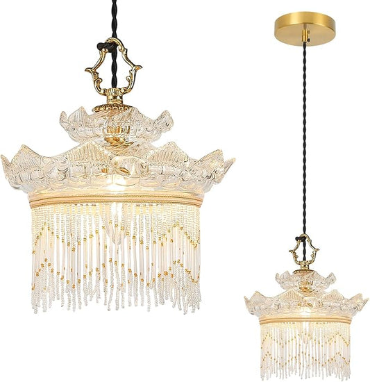 Brass Vintage Glass Pendant Light Clear Glass Tassel Chandelier,Adjustable Height Pendant Lights for Dining Room Kitchen Island Bedroom Hallway