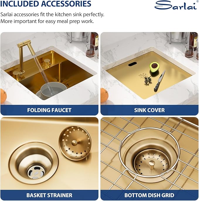 Sarlai Undermount Bar Sink - 18 Inch Gold Undermount Kitchen Sink Workstation with Foldable Faucet 18x18 Inch Outdoor Bar Prep Single Bowl Gold Sinks 16 Gauge Stainless Steel BBQ Basin with Cover
