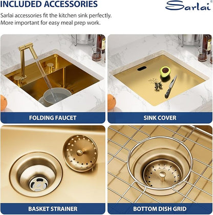 Sarlai Undermount Bar Sink - 18 Inch Gold Undermount Kitchen Sink Workstation with Foldable Faucet 18x18 Inch Outdoor Bar Prep Single Bowl Gold Sinks 16 Gauge Stainless Steel BBQ Basin with Cover