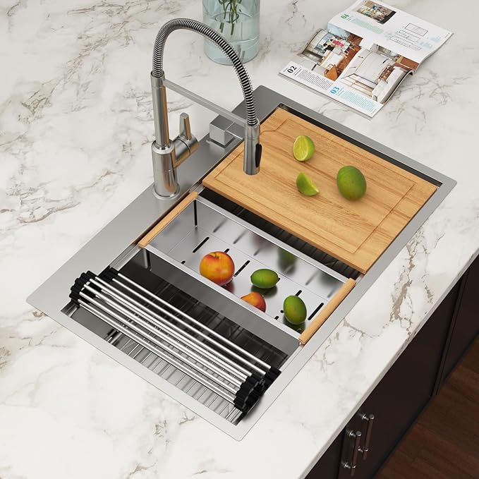 33x22 Drop In Kitchen Sink Workstation - Couoko 33 Inch 16 Gauge T304 Stainless Steel Drop In Sink Large Deep Handmade Single Bowl Kitchen Sinks with Accessories, 33"x22"x9"