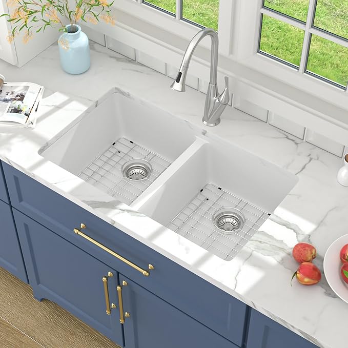 Lordear 33 Inch Granite Composite Kitchen Sink Double Bowl 33"X19" White Undermount 50/50 Quartz Sink With Ledge Classic Under Counter Basin