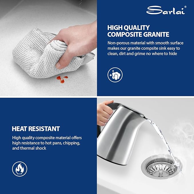 Sarlai Granite Composite Kitchen Sink 33 Inch White Kitchen Sink Drop In 33×22 Granite Kitchen Sinks Topmount White Quartz Classic Above Counter Single Bowl Basin