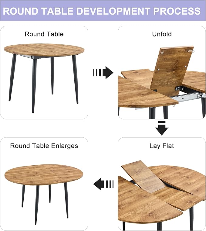 Extendable Round Dining Table Set with 4 Chairs, Telescopic MDF Table with Light Gray and Brown PU Cushion Seats, Adjustable for Different Size Gatherings in Kitchen and Dining Room