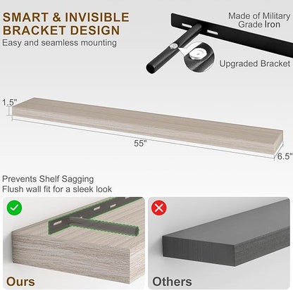 Fun Memories 55 Inch Fireplace Mantel - Long Floating Shelf, Wall Mounted Farmhouse Display with Invisible Heavy Duty Metal Bracket, 2 Pack, Grey