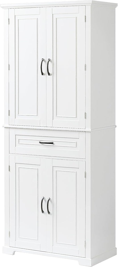 Storage Cabinet with 4 Doors and Drawers, 72.2" H Kitchen Cabinet with 6 Door Shelves, Kitchen Storage Cabinets with Adjustable Shelves for Living Room, White