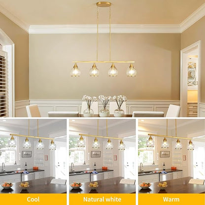 Island Light for Kitchen, 4-Light Gold Kitchen Island Linear Hanging Pendant Chandeliers, Brushed Gold Dining Room Light Fixture Over Table with Clear Round Glass Shades