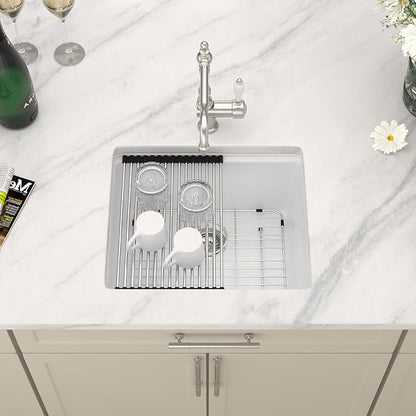 Dcolora 21 In. White Granite Composite Small Kitchen Sink, Single Bowl Workstation Undermount Prep Sink, Quartz Bar Sink, 21"x18"x9.65" #DC-GBUS25471