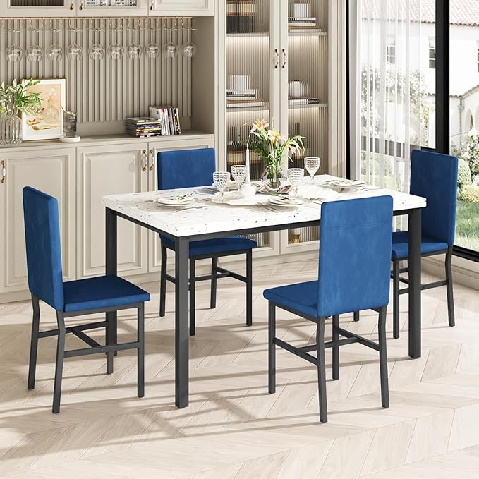 tantohom Dining Table Set for 4, Space Saving Kitchen Table and Chairs Set of 4, 5 Piece Modern Dining Room Table Set with Faux Marble Top and PU Leather Chairs for Small Space, Apartment