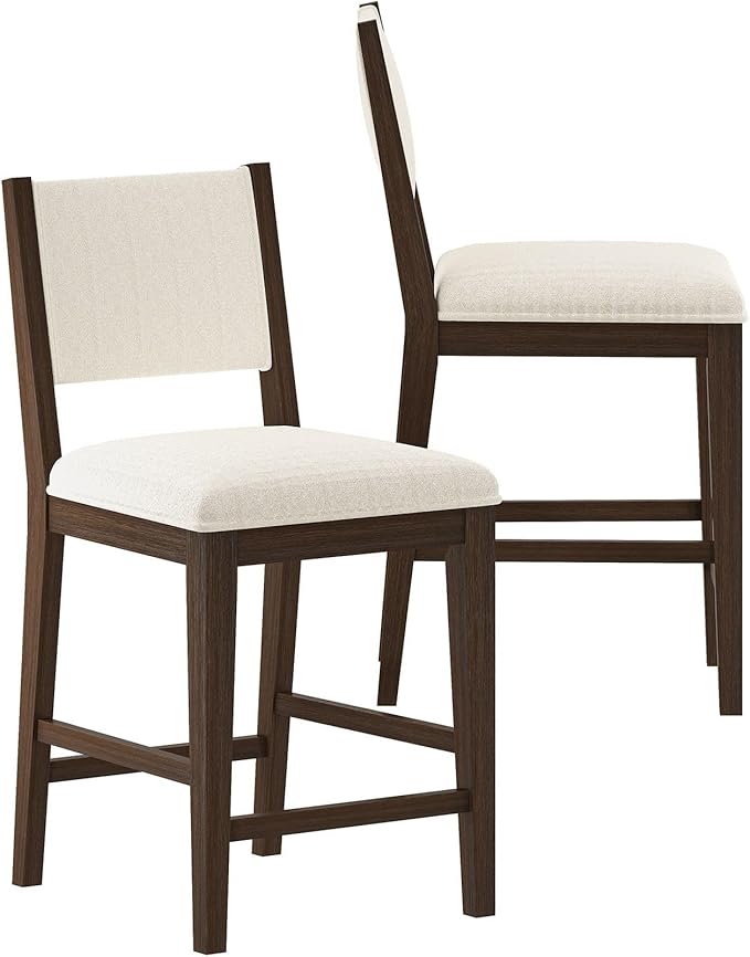 Plank+Beam Sereno Counter Stool, 24", Set of 2, Sturdy Wood Modern Kitchen Counter Height Stool, Upholstered Cushion Counter Chair with Back, Walnut/Ivory