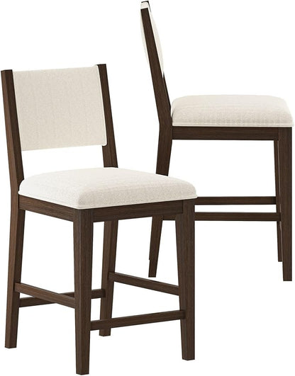 Plank+Beam Sereno Counter Stool, 24", Set of 2, Sturdy Wood Modern Kitchen Counter Height Stool, Upholstered Cushion Counter Chair with Back, Walnut/Ivory
