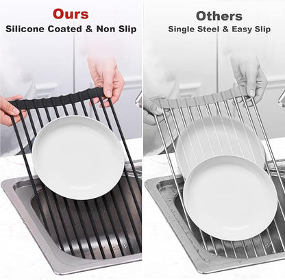 MERRYBOX Roll Up Over The Sink Dish Drying Rack Silicone Wrapped Foldable, Heat-Resistant, Anti-Slip Sink Rack Multipurpose Dish Drainer for Kitchen Sink Counter - Black, 17.5" x 11"