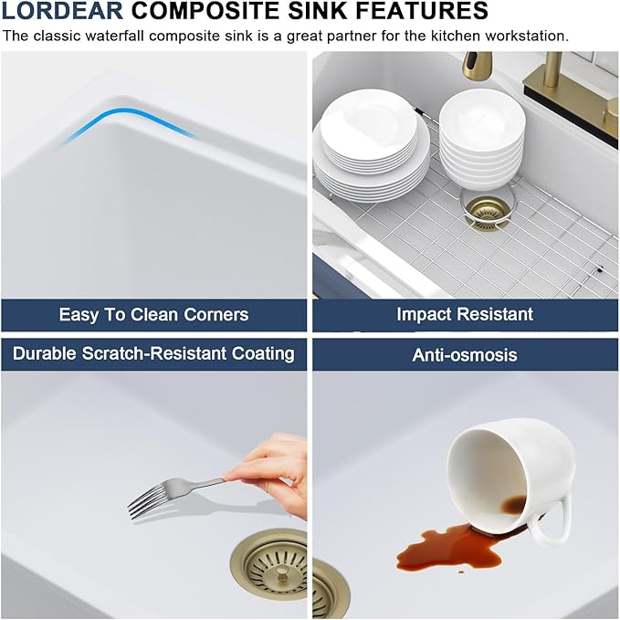 33 Waterfall Kitchen Sink Drop In - Lordear 33x22 Kitchen Sinks White Quartz Granite Composite Multifuctional Workstation Single Bowl Topmount Sink with Pull Out Faucet