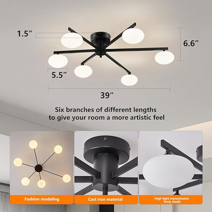 Globe Semi Flush Mount Ceiling Light Black Sputnik 6-Lights Ceiling Lighting Mid Century Modern Close to Ceiling Light for Bedroom Kitchen and Dining Room
