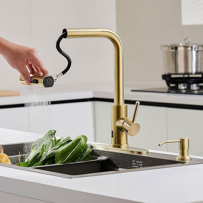 AVSIILE Brushed Gold Touchless Kitchen Faucets with Pull Down Sprayer & Soap Dispenser, Waterfall Single Hole & Handle, Pull Out Sink Faucet, Suitable for Farmhouse Camper Laundry Rv Bar