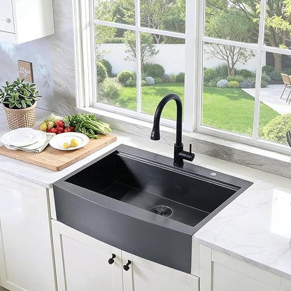 33 Inch Drop In Farmhouse Sink Black, 33x22 Inch Gunmetal Black Top Mount Farmhouse Kitchen Sink Single Bowl, Topmount Apron Front Stainless Steel Farm Sink Workstation