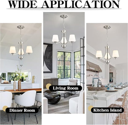Brushed Nickel Dining Room Light Modern Sliver Chandelier with Frosted Glass, 3-Light Metal Farmhouse Kitchen Island Light Fixtures E26 Hanging Pendent Lighting for Living Room, Kitchen, Foyer