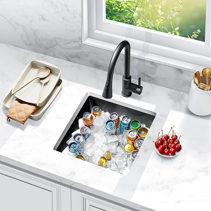 18x18 Black Bar Sink Undermount, Nano PVD Stainless Steel Single Bowl Square Deep Wet Bar & Prep Under Counter Small Kitchen Sinks with Grid (Gunmetal Black)